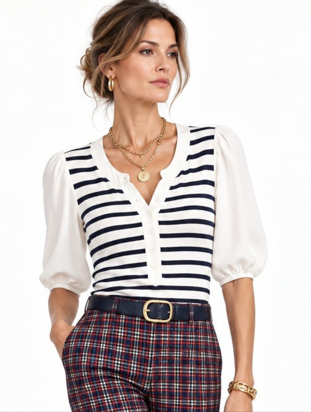 J. Crew Navy Stripe Puff Sleeve Top